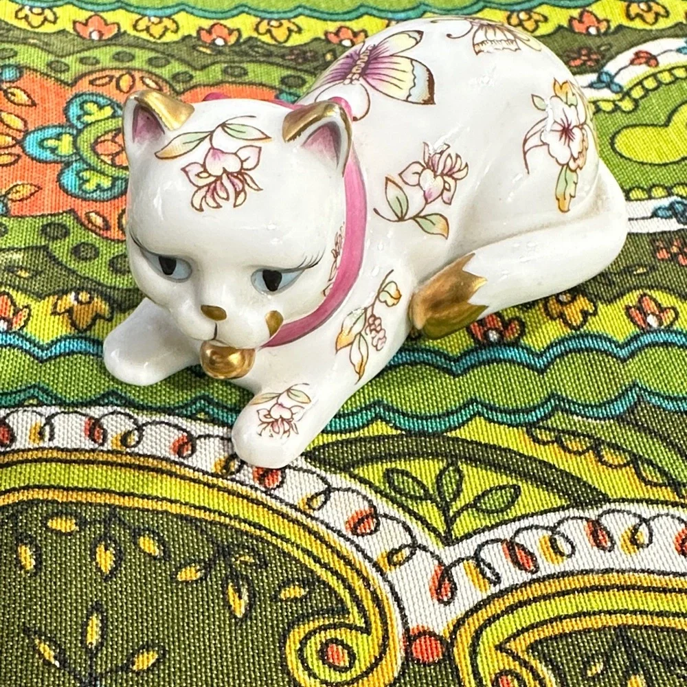 Franklin Mint Floral Cat Figurine with Pink and Gold Accents